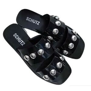 Schutz Shoes Womens Size 10 Lizzie Sandals Black Rubber Silver Stud Slides